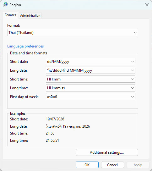 แท็บ Formats — เลือก Thai (Thailand)