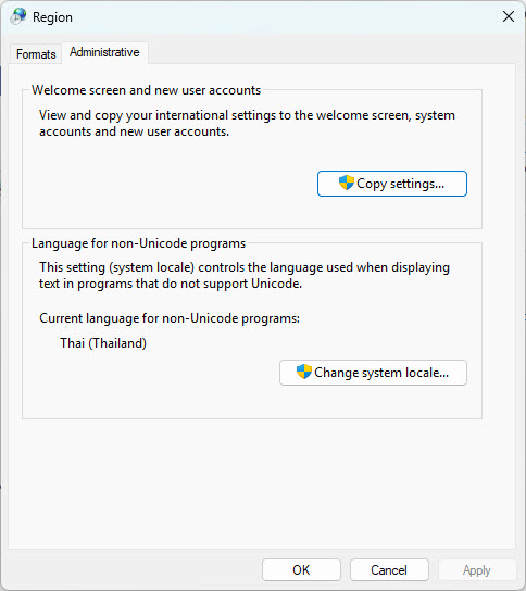 แท็บ Administrative — Change system locale เป็น Thai (Thailand)