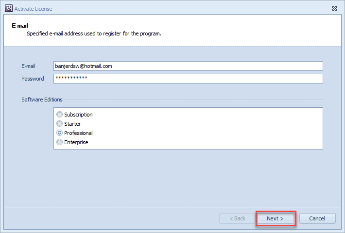 ระบุ E-mail, Password และรุ่นของซอฟต์แวร์ ที่ได้รับจากผู้จำหน่าย แล้วคลิกที่ปุ่ม Next