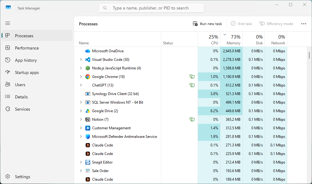หน้า Processes เรียงตามคอลัมน์ Memory จากมากไปน้อย
