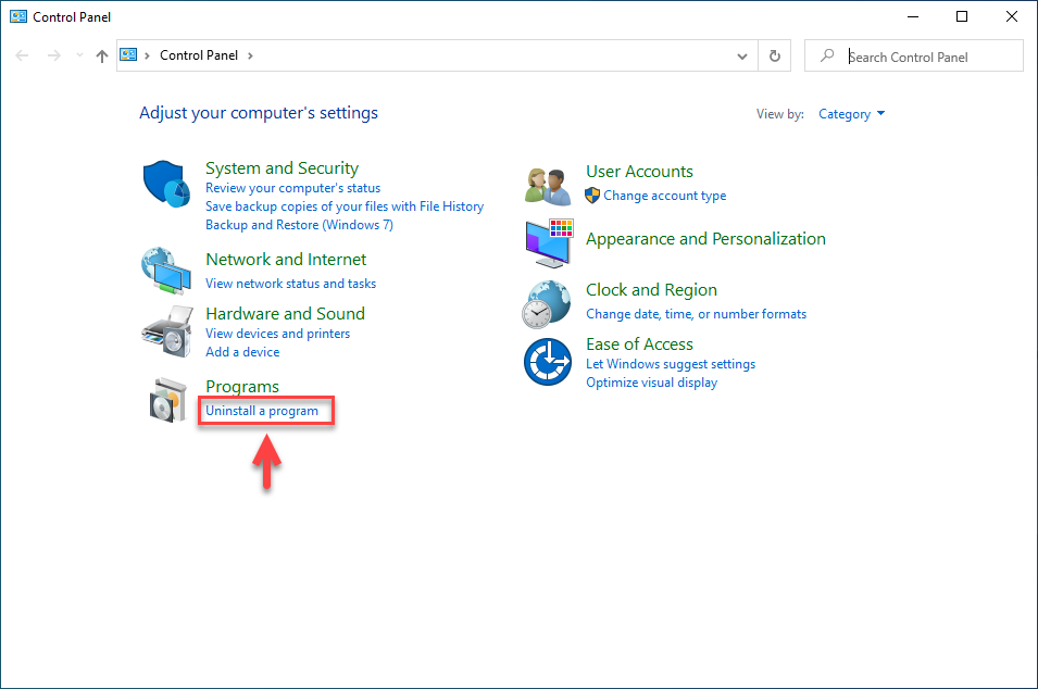 เปิด Control Panel แล้วคลิก Uninstall a program