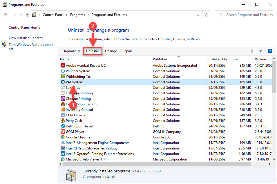 เลือก VAT System แล้วคลิกที่ Uninstall