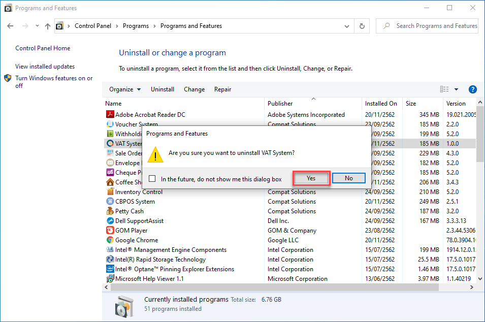คลิกที่ Yes เพื่อทำการ Uninstall